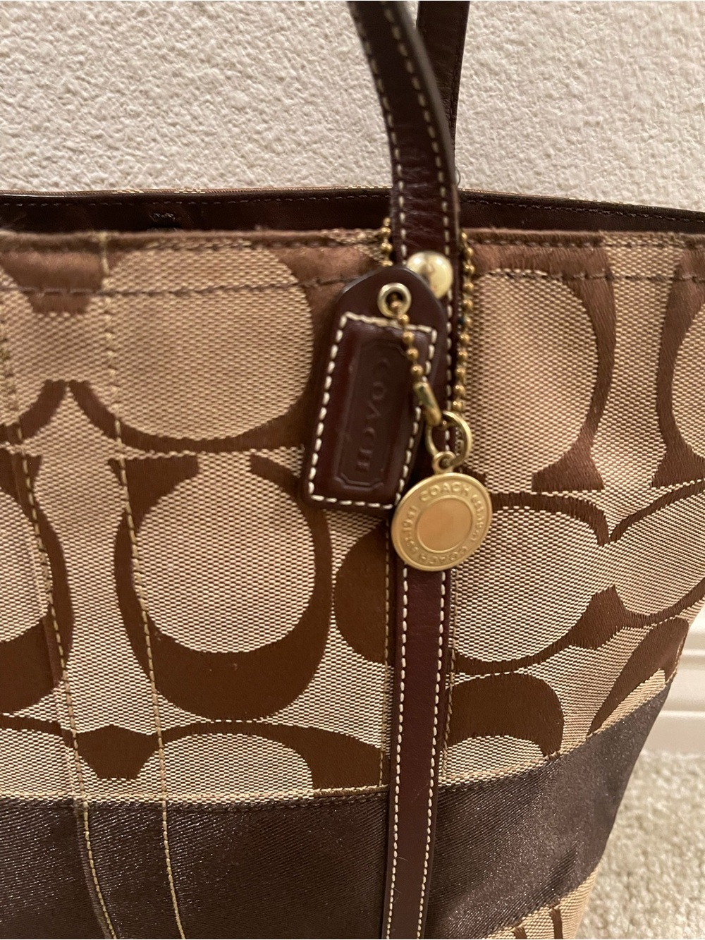 Coach Signature Stripe Brown Canvas Tote Bag with Legacy Stripe Lining - Picture 3 of 9